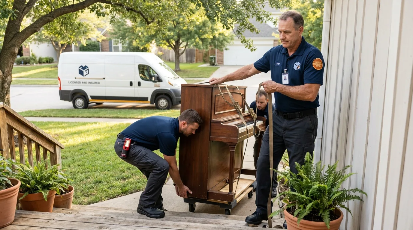 Licensed piano movers securing grand piano in Lewiston, UT