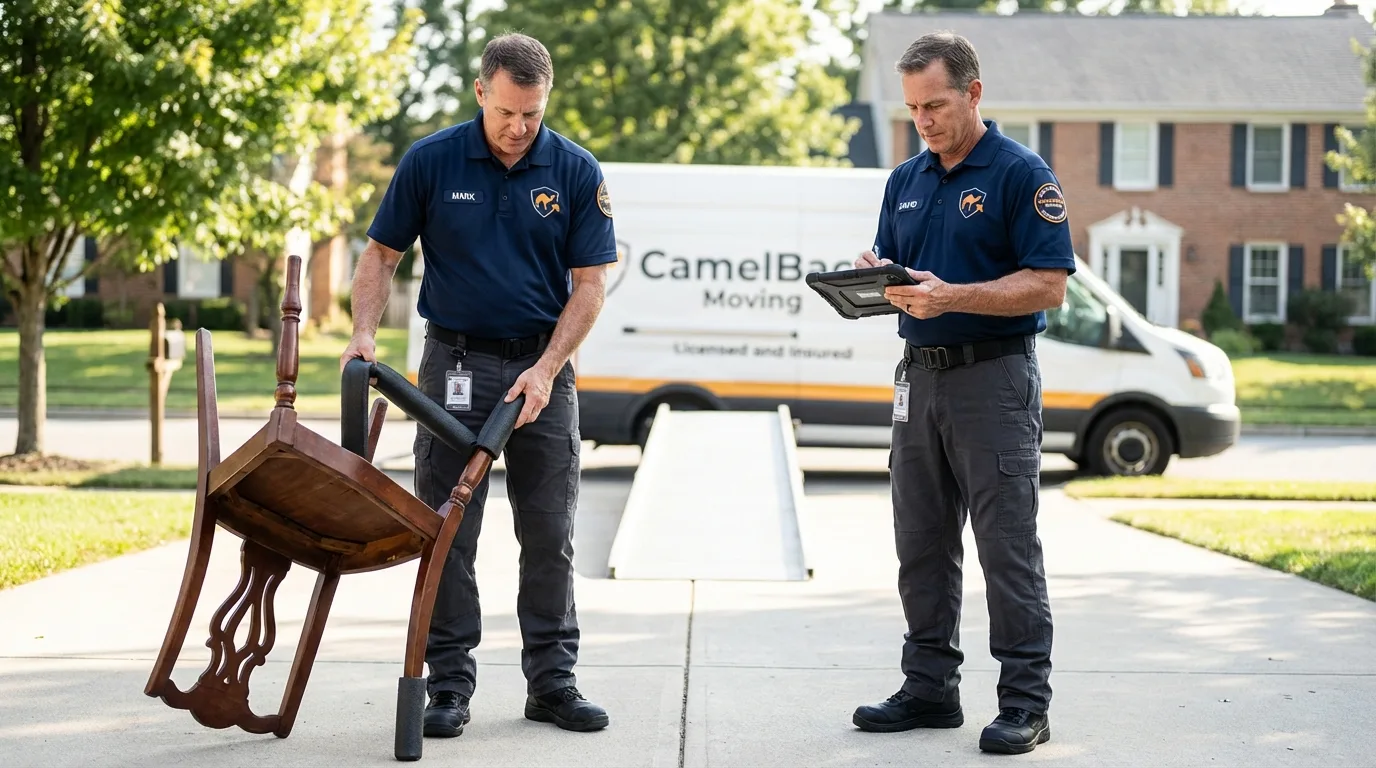 Movers inspecting furniture for damage prevention before loading in Lewiston, UT