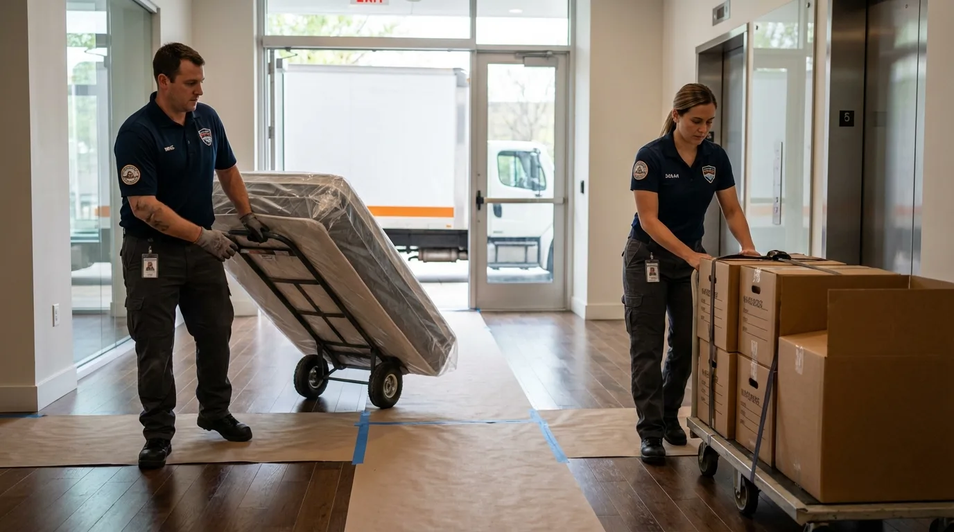 Professional apartment movers loading elevator in Lewiston, UT